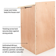 Load image into Gallery viewer, Side of the owl house with vent holes and twisting screw lock