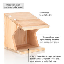 Load image into Gallery viewer, Open-front cedar robin house with screw caps and 7 x 7 inch floor