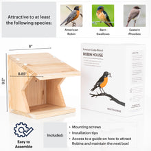 Load image into Gallery viewer, Robin house dimensions 8 x 8.85 x 9.2 inches, attracted species and included items