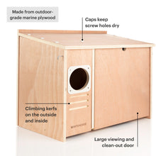Load image into Gallery viewer, Barn owl house made from outdoor-grade marine plywood with climbing kerfs and large clean-out door