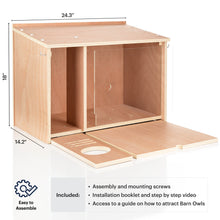 Load image into Gallery viewer, Barn owl house dimensions 24.3 x 14.2 x 18 inches and what's included